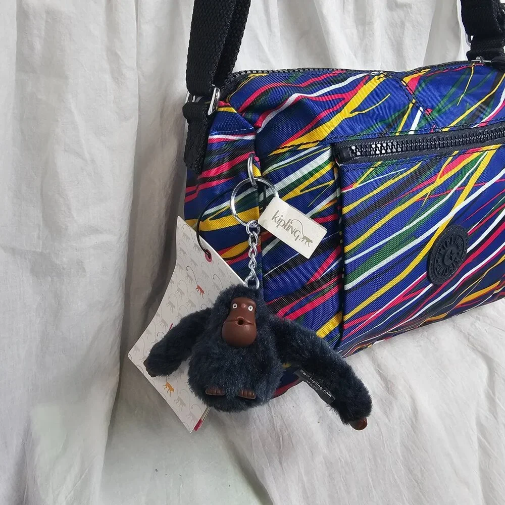 Kipling Wes Striped Crossbody Bag Adjustable Strap Furry Monkey Keychain - Picture 4 of 7
